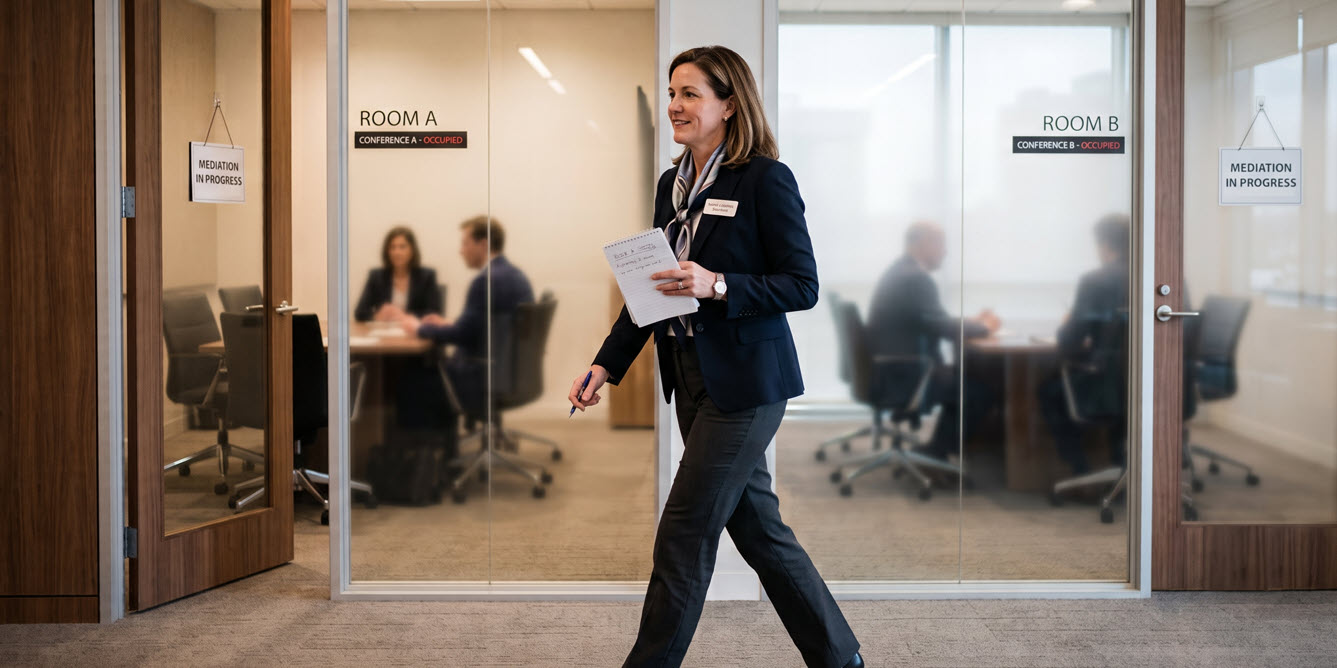Professional mediator moving between two separate conference rooms during divorce mediation