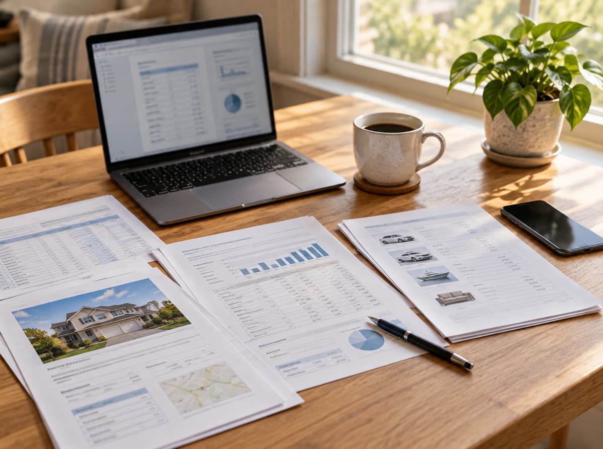 Financial records and property documents prepared for divorce planning